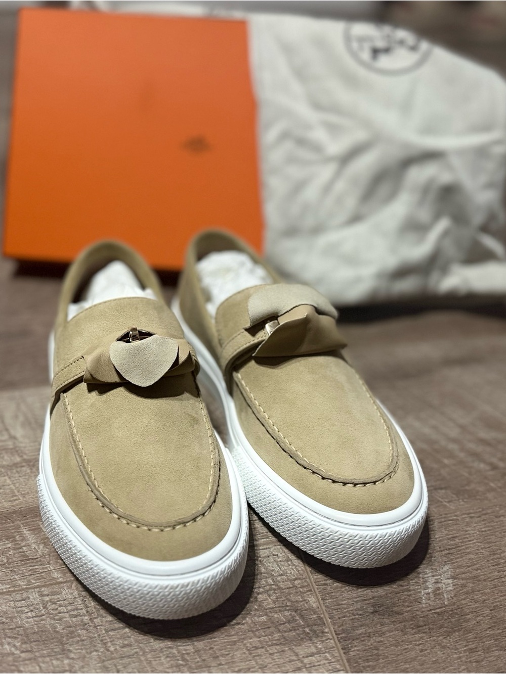 Hermes Tan Suede Slip-On Loafers with Leather Knot